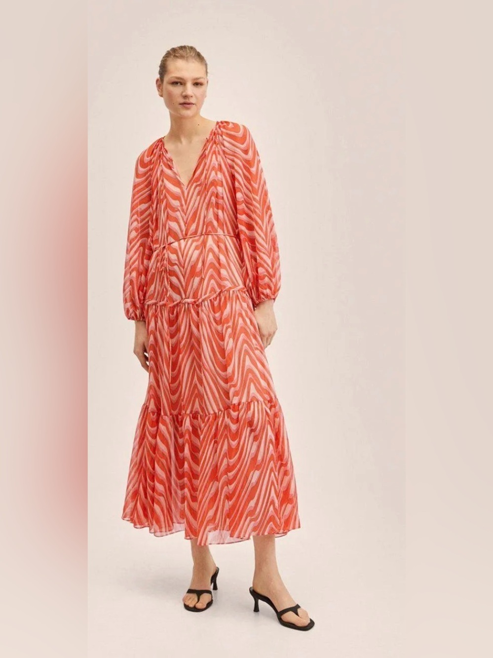 MNG Sheer Layered Long Sleeve Maxi Dress Size 0 Pink Mango Retro Pattern Overlay